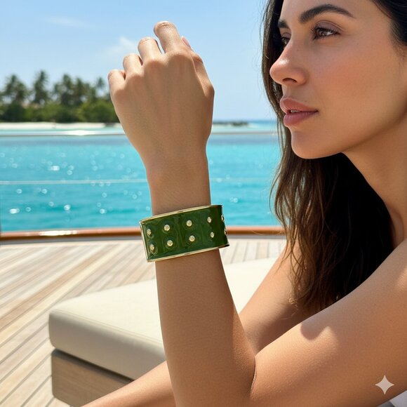 Vintage Green Enamel Cuff Bracelet Reversible Gold-Tone Studs Retro Glam Dots - Picture 2 of 13